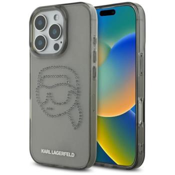 Karl Lagerfeld IML Rhinestones Karl Head iPhone 16 Pro hátlap tok kameravédelemmel, fekete kép