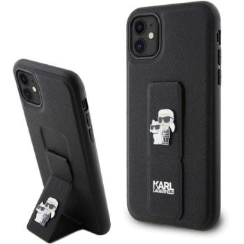 Karl Lagerfeld KLHCN61GSAKCPK iPhone 11 6.1&quot; fekete keménytok Gripstand Saffiano Karl&amp;Choupette kitűző kép