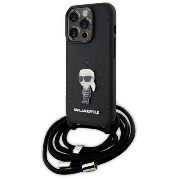 Karl Lagerfeld KLHCP15LSASKNPSK iPhone 15 Pro 6.1&quot; keménytok fekete Crossbody Saffiano Monogram fém kitűző Karl &amp; Choupette kép