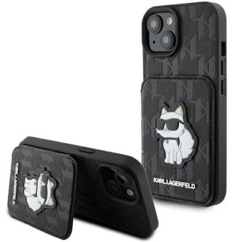 Karl Lagerfeld KLHCP15SSAKCNSCK iPhone 15 6.1&quot; fekete keménytok Saffiano kártyatartóval és támasztóval Monogram Choupette kép