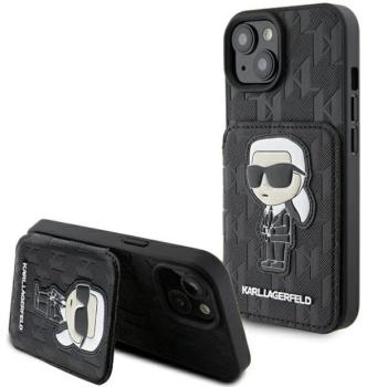 Karl Lagerfeld KLHCP15SSAKKNSCK iPhone 15 6.1&quot; fekete keménytok Saffiano kártyatartóval és támasztóval monogram ikonikus kép