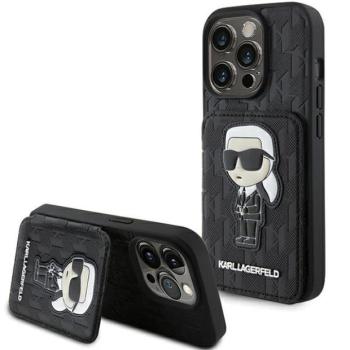 Karl Lagerfeld KLHCP15XSAKKNSCK iPhone 15 Pro Max 6.7&quot; fekete keménytok Saffiano kártyatartóvalek és állvány monogram ikonikus Patch kép
