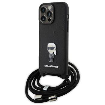 Karl Lagerfeld KLHCP15XSASKNPSK iPhone 15 Pro Max 6.7&quot; keménytok fekete Crossbody Saffiano Monogram fém kitűző Karl &amp; Choupette kép