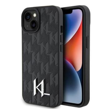 Karl Lagerfeld Leather Monogram Hot Stamp Metal Apple iPhone 15 hátlap tok, fekete kép
