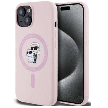 Karl Lagerfeld Liquid Silicone Karl and Choupette MagSafe iPhone 15 hátlap tok, rózsaszín kép