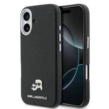Karl Lagerfeld PU Karl and Choupette Heads Pins Apple iPhone 17 mágneses tok, MagSafe, fekete-ezüst kép