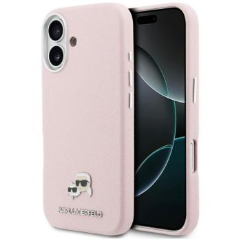 Karl Lagerfeld PU Karl and Choupette Heads Pins Apple iPhone 17 mágneses tok, MagSafe, rózsaszín-ezüst kép