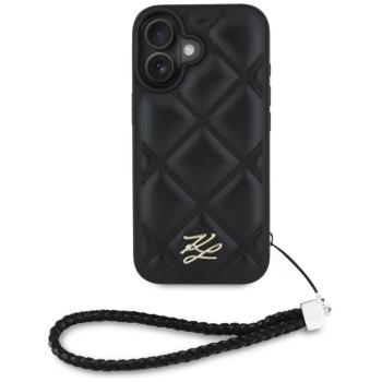 Karl Lagerfeld Quilted Initial Logo &amp; Chain Strap iPhone 16 műbőr hátlap tok karpánttal, fekete kép