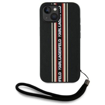 Karl Lagerfeld Saffiano Athleisure Stripes Cord iPhone 15 hátlap tok csuklópánttal, fekete-piros kép