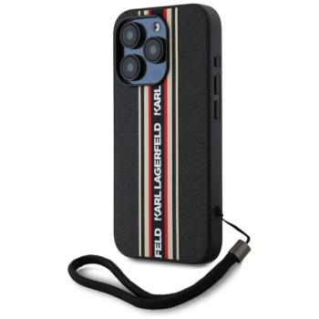 Karl Lagerfeld Saffiano Athleisure Stripes Cord iPhone 15 Pro Max hátlap tok csuklópánttal, fekete-piros kép