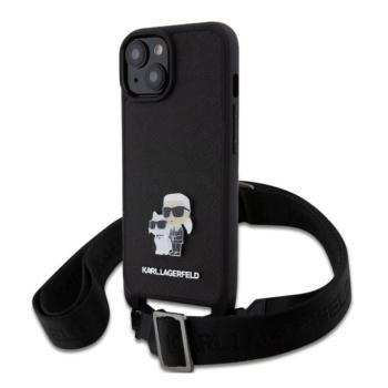 Karl Lagerfeld Saffiano Crossbody Strap Metal Karl and Choupette Apple iPhone 15 hátlap tok, fekete kép
