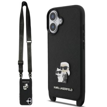 Karl Lagerfeld Saffiano Crossbody Strap Metal Karl and Choupette Apple iPhone 17 hátlap tok pánttal, fekete kép