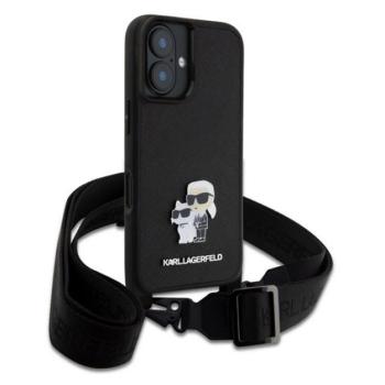 KARL LAGERFELD SAFFIANO CROSSBODY STRAP METAL KARL AND CHOUPETTE szilikon telefonvédő (ütésállóság, nyakpánt) FEKETE Apple iPhone 16 kép