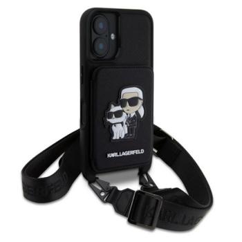 KARL LAGERFELD SAFFIANO CROSSBODY STRAP szilikon telefonvédő (ütésállóság, nyakpánt, kártyatartó) FEKETE Apple iPhone 16 kép
