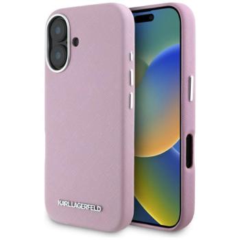 Karl Lagerfeld Saffiano Full Wrapped Elongated Metal Logo iPhone 16 hátlap tok kameravédelemmel, MagSafe, rózsaszín kép