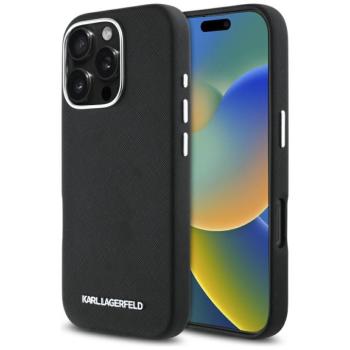 Karl Lagerfeld Saffiano Full Wrapped Elongated Metal Logo iPhone 16 Pro hátlap tok kameravédelemmel, MagSafe, fekete kép