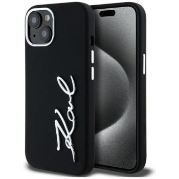 Karl Lagerfeld Silicone Metal Script Logo iPhone 15 hátlap tok kameravédelemmel, fekete kép