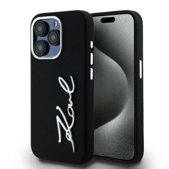 Karl Lagerfeld Silicone Metal Script Logo iPhone 15 Pro Max hátlap tok kameravédelemmel, fekete kép