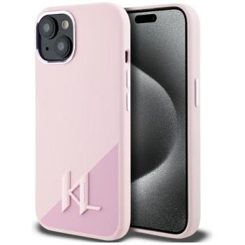 Karl Lagerfeld Silicone Shadow Metal Initial iPhone 15 hátlap tok kameravédelemmel, MagSafe, rózsaszín kép