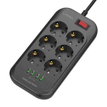LDNIO hálózati elosztó (6 AC aljzat / 4 USB aljzat, 5V / 3.4A, 17W, csúszásgátló + 200cm tápkábel) FEKETE kép