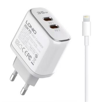 LDNIO hálózati töltő 2 Type-C aljzat (5V / 3A, 35W, PD gyorstöltés támogatás + lightning 8pin kábel) FEHÉR Apple iPhone 7 4.7, Apple iPhone 7 Plus 5.5, Apple IPAD mini 4, Apple IPAD Pro 12.9 kép
