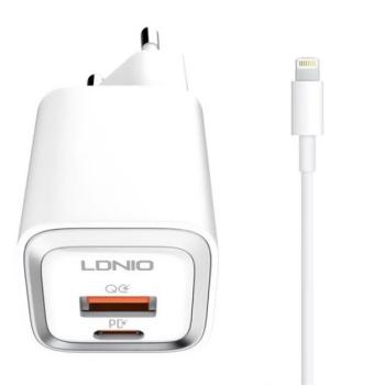 LDNIO hálózati töltő Type-C aljzat / USB aljzat (5V / 3A, 20W, PD gyorstöltés támogatás + lightning 8pin kábel) FEHÉR Apple iPhone 7 4.7, Apple iPhone 7 Plus 5.5, Apple IPAD mini 4, Apple IP kép