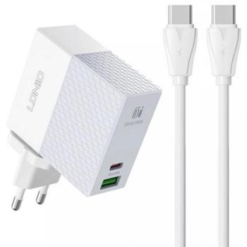 LDNIO hálózati töltő USB / Type-C aljzat (5V / 3A, 65W, PD gyorstöltés támogatás + Type-C - Type-C kábel) FEHÉR Asus Zenfone 3 5.5 (ZE552KL), Honor 8, Sony Xperia X Compact (F5321), Sony Xpe kép