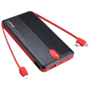 LDNIO vésztöltő USB / Type-C / microUSB aljzat (10000 mAh, 5V / 2.1A + microUSB / Type-C / lightning 8pin kábel) FEKETE kép