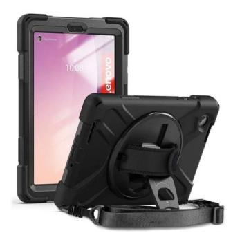 Lenovo Tab M8 (8.0) (4. generáció) TB-300, Műanyag hátlap védőtok, szilikon belső, kitámasztóval, kézpánt, vállpánt, Defender, fekete kép