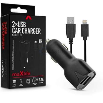 Maxlife 2xUSB szivargyújtó töltő adapter + USB - Lightning kábel 1 m-es vezetékkel - Maxlife MXCC-01 Lightning 2xUSB Car Fast Charger - 5V/2,4A - fekete kép