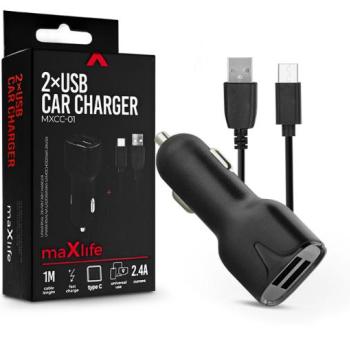 Maxlife 2xUSB szivargyújtó töltő adapter + USB - Type-C kábel 1 m-es vezetékkel - Maxlife MXCC-01 Type-C 2xUSB Car Fast Charger - 5V/2,4A - fekete kép