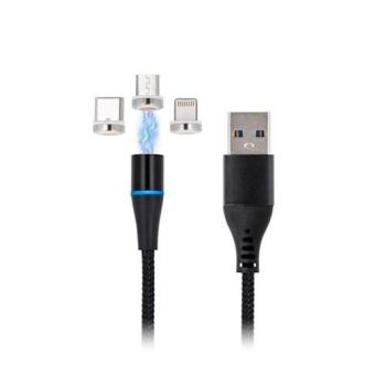 Maxlife MXUC-02 mágneses 3in1 iPhone 8pin Type-C Micro usb fekete szövet adatkábel 2A kép