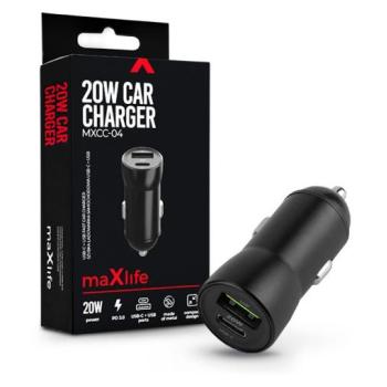 Maxlife szivargyújtós töltő adapter USB + Type-C bemenettel - 20W - Maxlife MXCC-04 PD3.0 + QC3.0 Car Charger - fekete kép