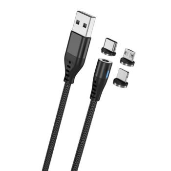 MAXLIFE töltőkábel 3in1 (USB - lightning/Type-C/microUSB, 100cm, mágneses) FEKETE kép