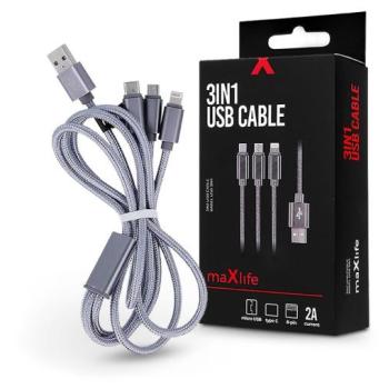 Maxlife USB töltő- és adatkábel 1 m-es vezetékkel - Maxlife 3in1 for Lightning/microUSB/Type-C USB Cable - 5V/2A - ezüst kép