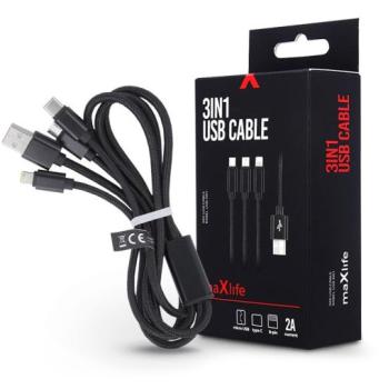 Maxlife USB töltő- és adatkábel 1 m-es vezetékkel - Maxlife 3in1 for Lightning/microUSB/Type-C USB Cable - 5V/2A - fekete kép
