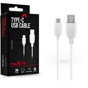 Maxlife USB - USB Type-C adat- és töltőkábel 3 m-es vezetékkel - Maxlife USB Type-C Cable - 5V/2A - fehér kép