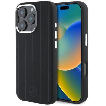 Mercedes Liquid Silicon Stripes Pattern Apple iPhone 16 Pro MagSafe kompatibilis tok kameravédő peremmel, fekete-ezüst kép