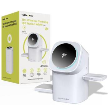 Mobile Origin PW11 3 az 1-ben vezeték nélküli asztali töltő LED kijelzővel, MagSafe, Qi2, fehér kép