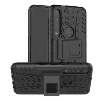 Motorola Moto G8 Plus, Műanyag hátlap védőtok, Defender, kitámasztóval és szilikon belsővel, autógumi minta, fekete kép