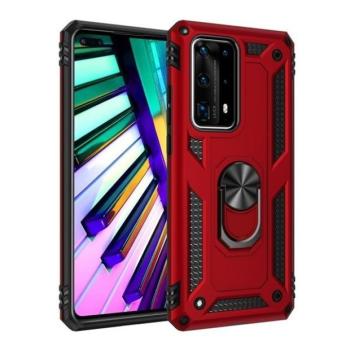 Motorola Moto G8 Plus, Műanyag hátlap védőtok, közepesen ütésálló, szilikon belső, telefontartó gyűrű, Defender, piros kép