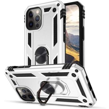 Motorola Moto G9 Plus, Műanyag hátlap védőtok, közepesen ütésálló, szilikon belső, telefontartó gyűrű, Defender, ezüst kép