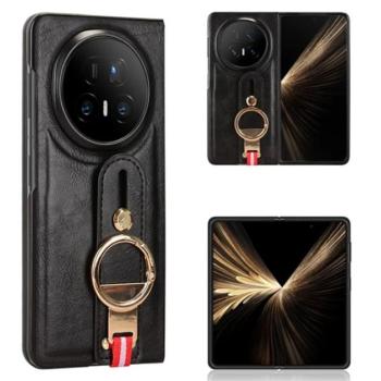 Műanyag telefonvédő (bőr hatású hátlap, tartógyűrű, kitámasztó) FEKETE Honor Magic V5 kép