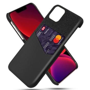 Műanyag telefonvédő (közepesen ütésálló, bankkártya tartó, textil bevonat, bőr hatású hátlap) FEKETE Apple iPhone 12, Apple iPhone 12 Pro kép