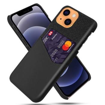Műanyag telefonvédő (közepesen ütésálló, bankkártya tartó, textil bevonat, bőr hatású hátlap) FEKETE Apple iPhone 13 mini kép