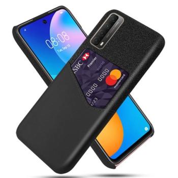 Műanyag telefonvédő (közepesen ütésálló, bankkártya tartó, textil bevonat, bőr hatású hátlap) FEKETE Huawei P Smart (2021) kép