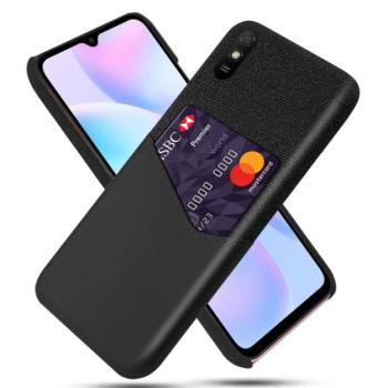Műanyag telefonvédő (közepesen ütésálló, bankkártya tartó, textil bevonat, bőr hatású hátlap) FEKETE Xiaomi Redmi 9A (Redmi 9 AT) kép