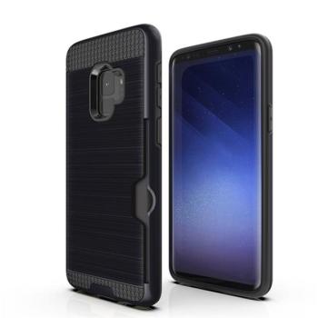 Műanyag telefonvédő (szilikon belső, közepesen ütésálló, bankkártya tartó, szálcsiszolt minta) FEKETE Samsung Galaxy S9 (SM-G960) kép