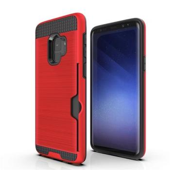 Műanyag telefonvédő (szilikon belső, közepesen ütésálló, bankkártya tartó, szálcsiszolt minta) PIROS Samsung Galaxy S9 (SM-G960) kép