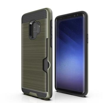 Műanyag telefonvédő (szilikon belső, közepesen ütésálló, bankkártya tartó, szálcsiszolt minta) SÖTÉTZÖLD Samsung Galaxy S9 (SM-G960) kép
